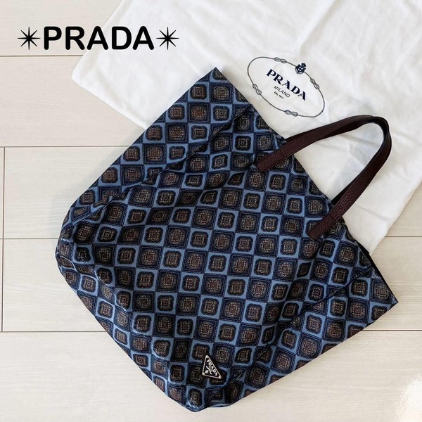 Prada Diamond Pattern Nylon Tote Bag Navy Gray Orange Large Authentic Unisex