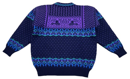 Dale Of Norway Wool Sweater Reindeer Fair Isle Navy Blue Purple Size Medium - Picture 2 of 6