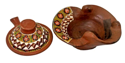 Mexican Redware Lidded Bowl Signed A. Sebrero Tlaquepaque Clay 3 Pieces Vintage - Image 1 of 4