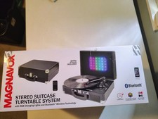 NIB Magnavox Stereo Suitcase Turntable Black Bluetooth RGB Lights Stereo L/R RCA