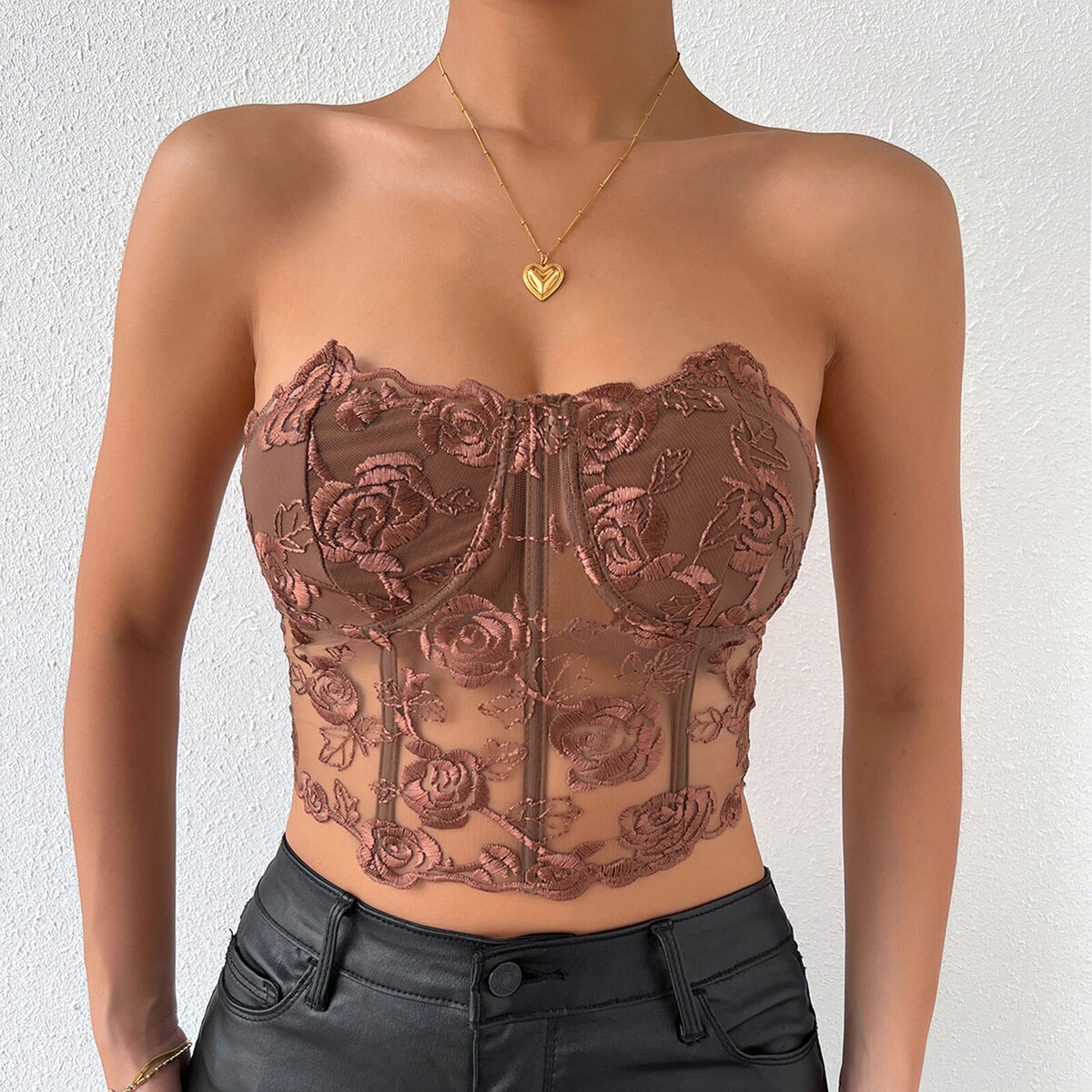 Women Sexy Rose Embroidery Bra Tops Slim Fit Strapless Underwire