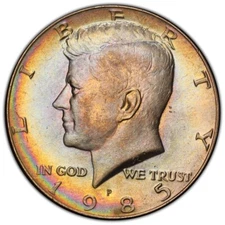 1985 P Kennedy 50C Half Dollar PCGS AU58 Rainbow Toned Bright Color In Hand