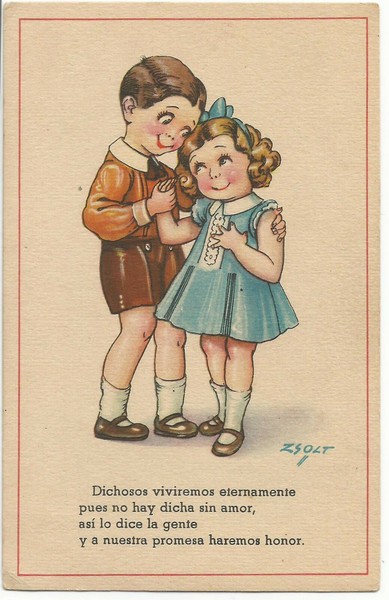POSTAL DIBUJO CARICATURA HUMOR. NIÑOS ENAMORADOS. AÑOS 40. ESCRITA. Post card