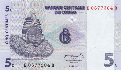 Congo DR 5 Centimes (01.11.1997) - Mask/Harp/p-81 UNC - Picture 2 of 3