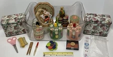 3 Thread Spool Display Racks 2 Basket Pots Pin Cushion 3 Tins Wood Box Notions