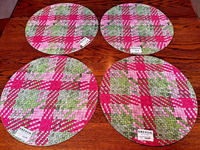 New Set of 4 Bodrum Nantucket Green/Pink Plaid 2-Sided Vinyl Placemats 15'' Round