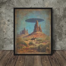 COSMIC COWBOY UFO Wall Art, Sci-fi Western Alien UAP Desert Cactus Flower Poster