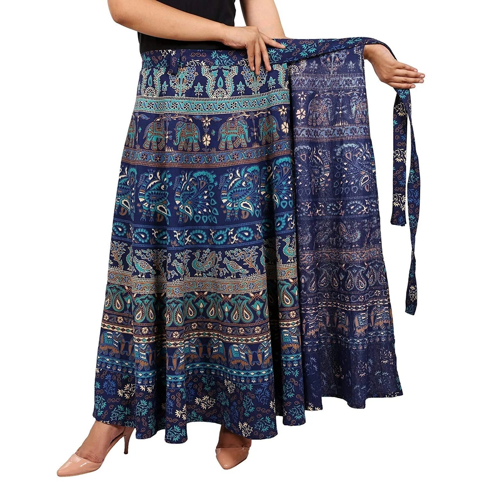 Indian Woman Elephant Mandala Cotton Wrap Skirt Around Maxi Dress Blue Long Gown - Image 4 of 4