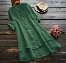 Women Casual Cotton Linen Shirt Dress Retro Button Baggy Tunic Blouse Tops Beach