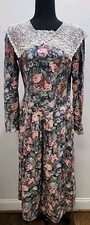 VTG LAURA ASHLEY UK-MADE FLORAL Wool DRESS LACE COLLAR Cottage Core Size 12
