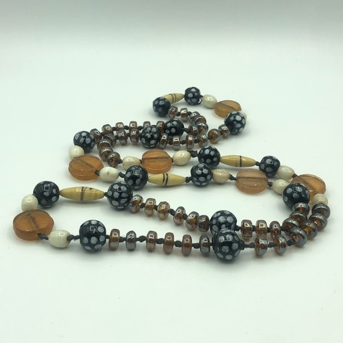 VINTAGE Bead Necklace Long Glass Black, White & Amber Tone Beads Festival Retro - Picture 5 of 14