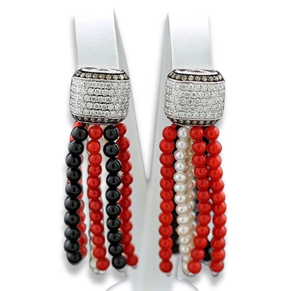 Orecchini Pendenti In Oro Bianco 18k Con Diamanti, Onice Nera E Corallo - Fatti A Mano - Made In Italy - 5