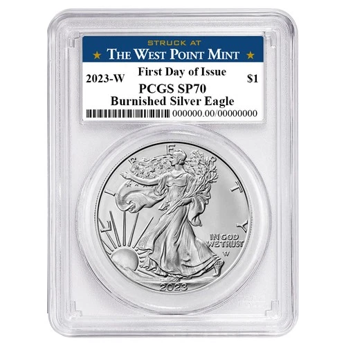 2023-W Burnished $1 American Silver Eagle PCGS SP70 FDOI West Point Label