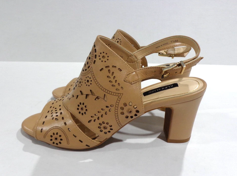 Alex Marie Women's Slingback Sandals Beige Leather Heel Cutouts Floral Size 7.5M - Image 2 of 4