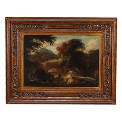 Landschaft mit Figuren Öl auf Leinwand Antike Malerei XVIII-XIX Jhd Originell