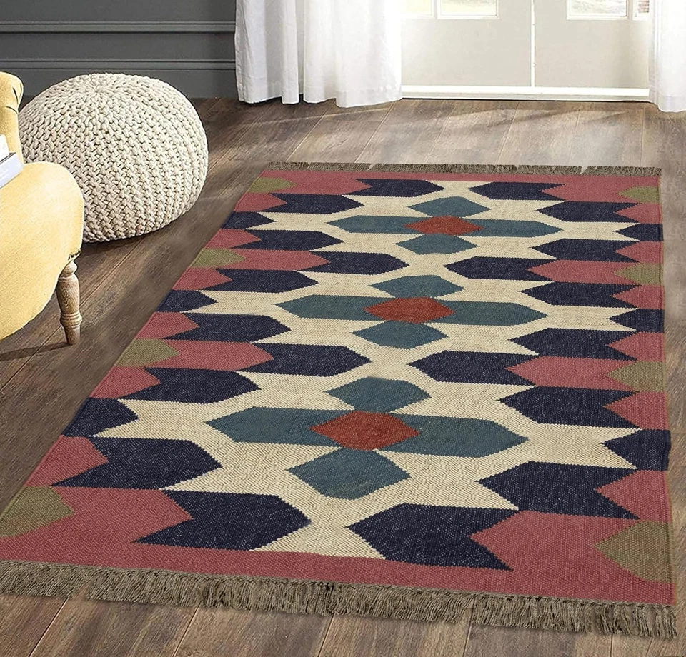 Alfombra Kilim de lana de yute tejida a mano color rosa y azul moderno alfombra geométrica Ru Foto 2 de 4