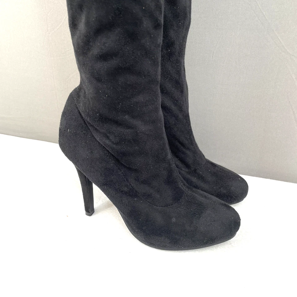 Botas hasta el muslo negras talla 7,5 elásticas imitación gamuza plataforma 5" tacones parachoques Foto 3 de 4