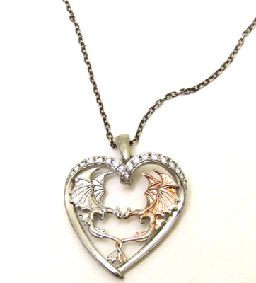 Sterling Silber 925 Diamant 2 Drachen Gold im Herz Anhänger Kette Halskette 5g