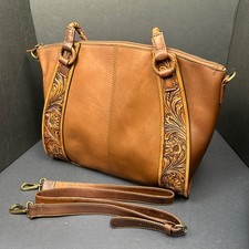 AMERICAN DARLING TOOLED LEATHER DOUBLE HANDLE STRAP CONCEAL CARRY PURSE BAG TOTE