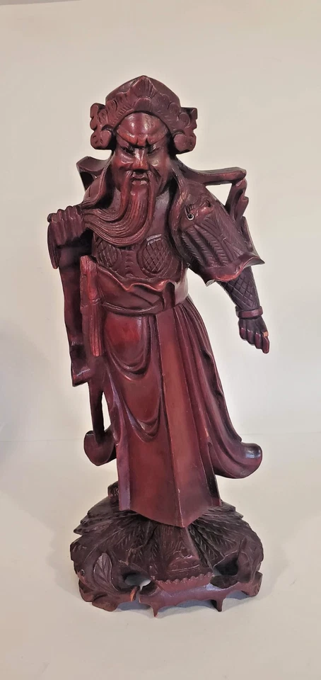 Escultura china tallada a mano de madera de caoba representar a Dios guerrero con armadura Foto 2 de 4