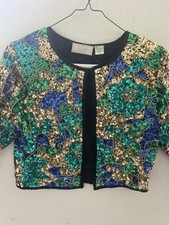 Vintage 1980s Laurence Kazar Sequin And Gold Bead.100 Silk Lining Jacket Sz XL