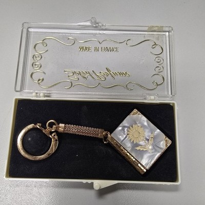 Vtg Solid Perfume Book Key Chain Made In France Mother Of Pearl With Gold Daisy