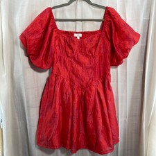 AEOM Red Floral Jacquard Puff Sleeve Square Neck Mini Dress M Romantic Date Nite