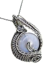 Rainbow Moonstone Donut Necklace: Sterling Silver Wire Wrap w Herkimer Diamond