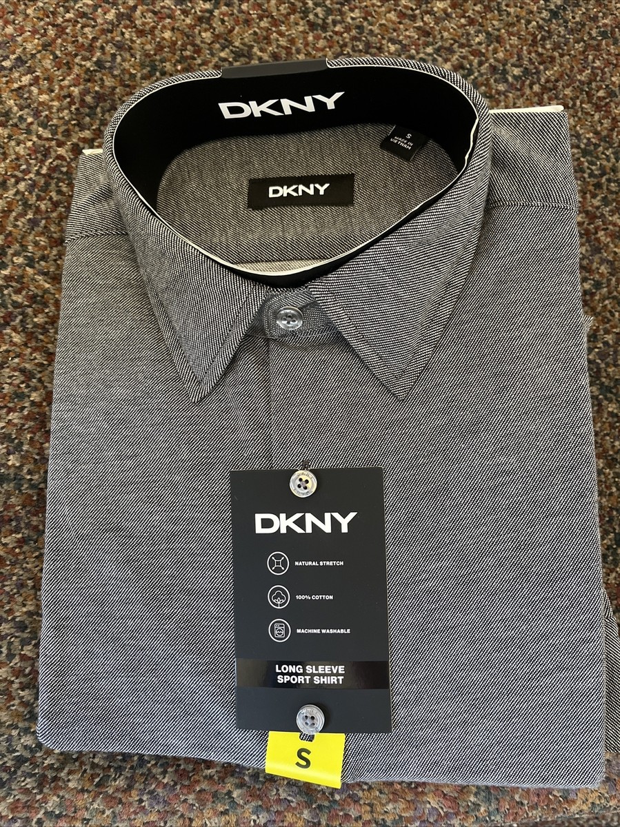 DKNY Men's Slim Fit Button Front Stretch Shirt (GRAY) Small NWT