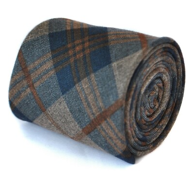 Frederick Thomas Designer navy and brown check plaid 100% mens tie classic