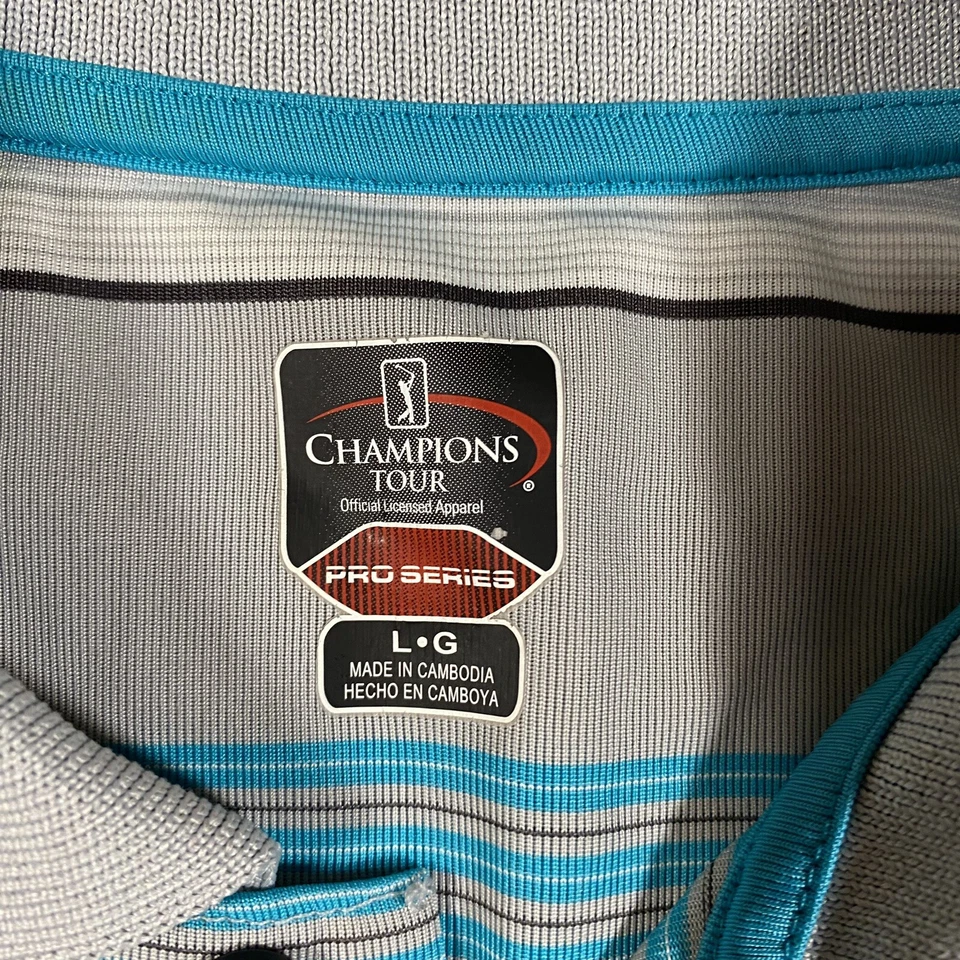 Polo de golf Champions Tour para hombre talla grande gris azul a rayas con cuello Foto 3 de 4