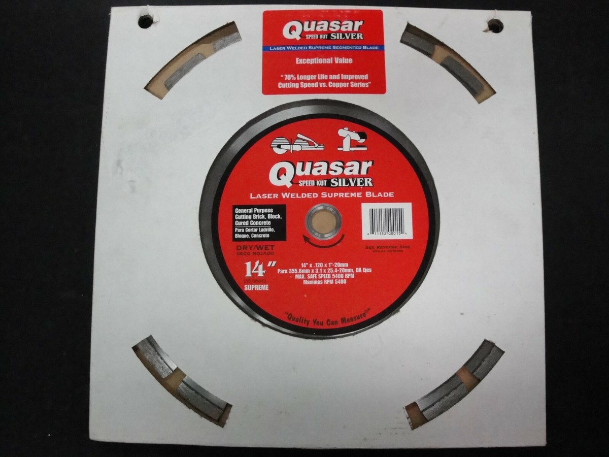 Quasar Speed Kut 100 Silver 14 in. Laser-Welded Supreme Segmented Diamond Blade Quasar Speed Kut 100 Silver 14 in. Laser-Welded Supreme Segmented Diamond Blade