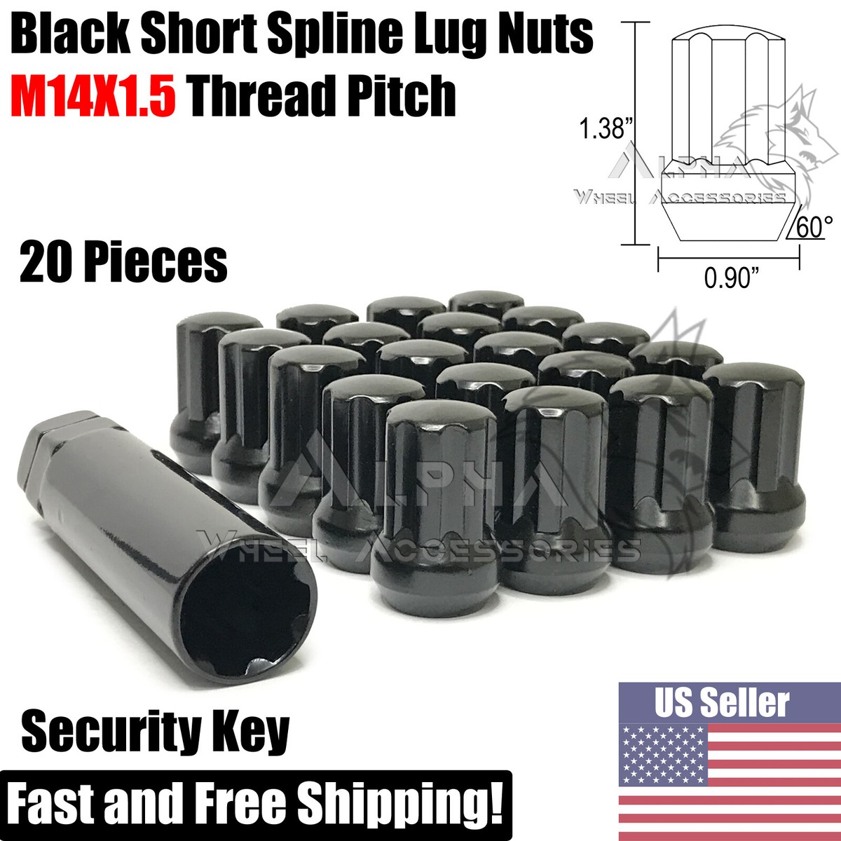 20 Black Short Spline Lug Nuts 14x1.5 For 2008 & Up Dodge Charger
