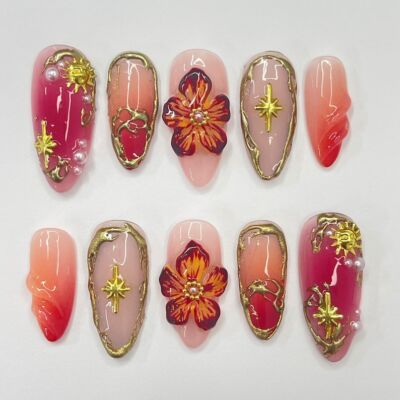 Unique Flower For Autumn Medium Almond Press On Nail,Custom Design Nail Art,Fake
