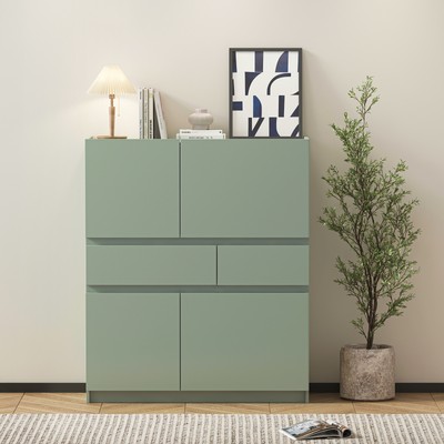Green Wooden Storage Cabinet Sideboard W/ 4 Doors 2 Drawers For Shoes Tableware