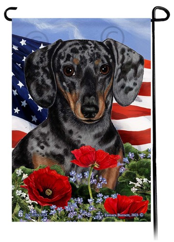 Patriotic Flowers Garden Flag - Shorthaired Light Black and Tan Dapple Dachshund