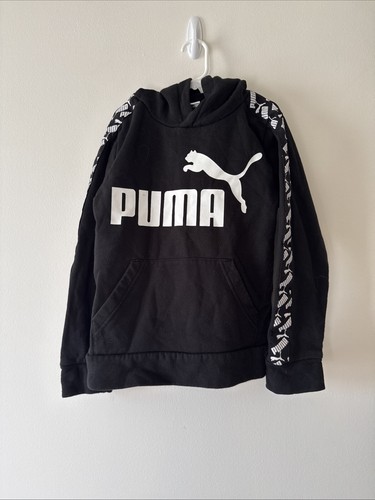 Puma Pullover Hoodie Boys Black Hooded Sweatshirt Size Youth 8 White Logo