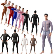 Men's Stain Soft Bodysuit Work Out Catsuit One Piece Zipper Jumpsuit Nightwear