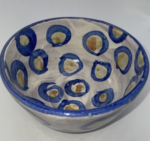 Handmade Wheel Thrown Studio Blue White Yellow Dotted Pottery Bowl Unique Design - Picture 2 of 9