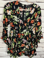 Love Culture Womens Size S Black Floral Long Bell Sleeve Short Dress Cutout