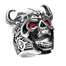 Wikinger Sch&auml;del Ring Totenkopf Biker Rocker Ring mit roten Kristall Augen