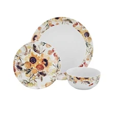 Godinger  Sunflower Porcelain Dinnerware Set  White, Brown, & Yellow - 12 Piece