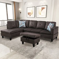 Modern L-Shaped Flannel Sectional Sofa Set: Living Room Couch w/ Storage Ottoman