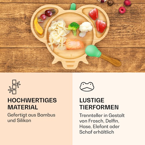 Kindergeschirr Set Bambusteller Löffel 250 ml Baby Besteck 18x18 cm Grün Elefant - Afbeelding 5 van 9