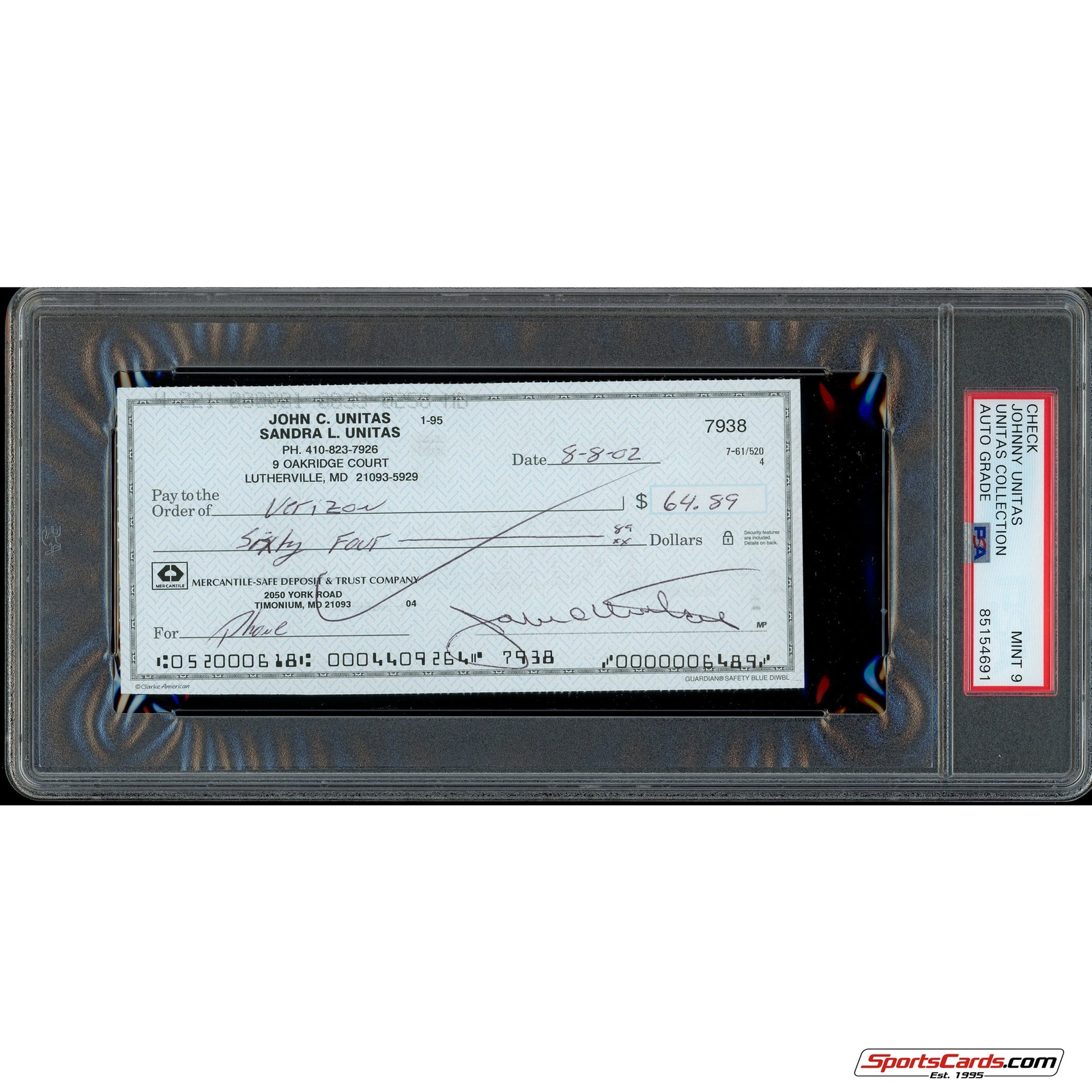 Johnny Unitas Signed Autographed Personal Check PSA DNA Mint 9