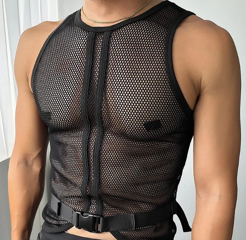 Men's Fishnet Mesh See-Through Buckle Belt Black Tank Top Size Large | eBay