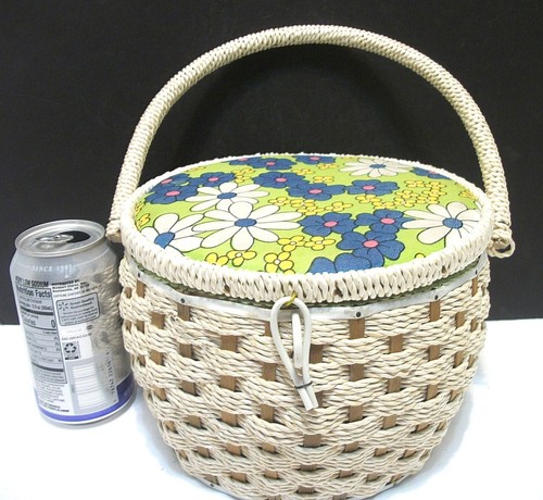 MCM Flower Power Wicker Sewing Basket Lined w Tray Japan - Picture 2 of 15