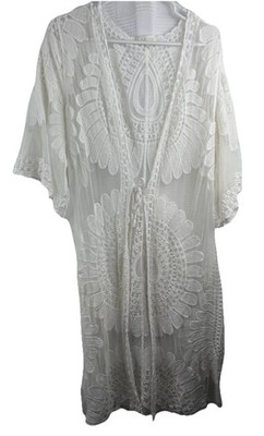 ace Kimono Duster L Ivory Beige 3/4 Sleeve Tie Front Coverup Boho Cardigan