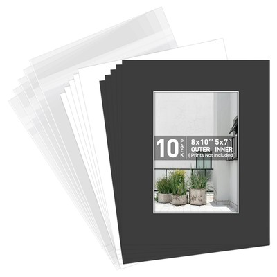 Golden State Art, Pack of 10 Black Pre-Cut 8x10 Picture Mat for 5x7 Photo wit...