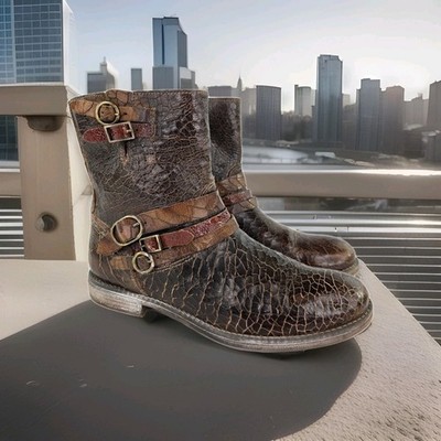 Nicola Barbato Leather Ankle Boots US 7.5 Brown Embossed Leather Buckle Biker 